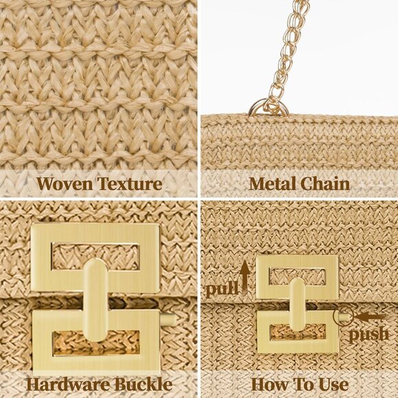Straw Woven Clutch Purse for Women with Detachable Chain Strap Beach Party Date - Picture 3 of 7
